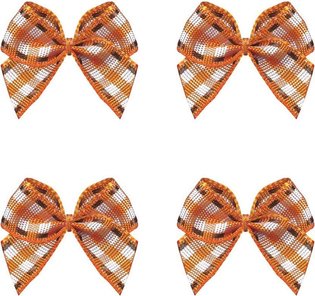 50pcs Mini Gingham Ribbon Bows Checkered Ribbon Flowers Plaid Ribbon Bow Appliques DIY Craft for Sewing, Scrapbooking, Wedding, Gift (Gingham-Orange)