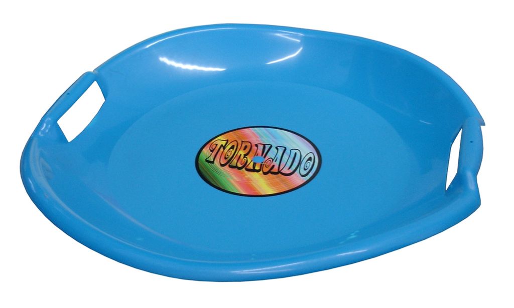 A blue plastic saucer sled with handles and a colorful logo.