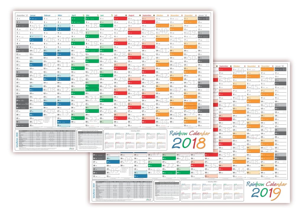 Rainbow Wandkalender / Wandplaner 2018 + 2019 - gefaltet DIN A2 Format (420 x 594 mm) mit 14 Monaten, kompletter Jahresvorschau Folgejahr und Ferie...