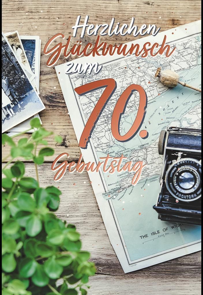 70. Geburtstag - Karte mit Umschlag - Landkarte - mit rosegoldener