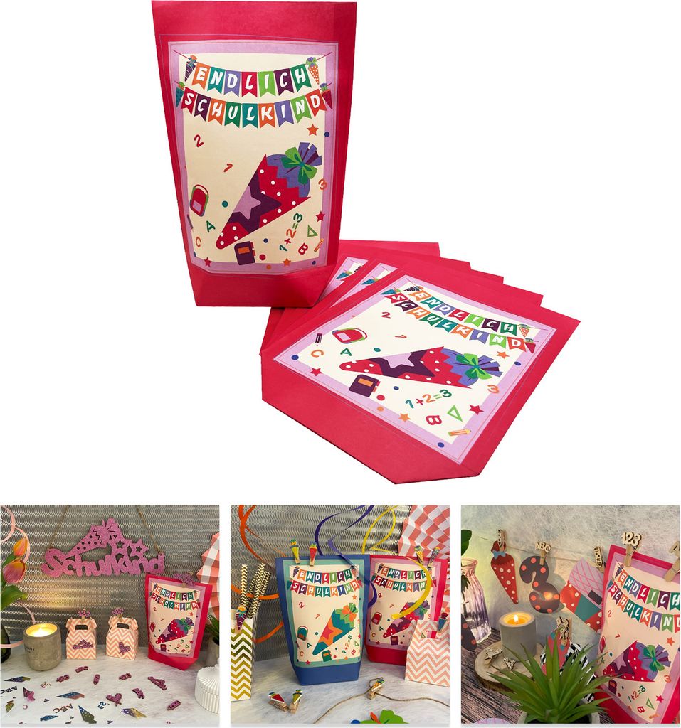 Oblique Unique 6 Geschenktüten Papier Tüten Endlich Schulkind Geschenktaschen für Schuleinführung Einschulung Mitgebsel - pink