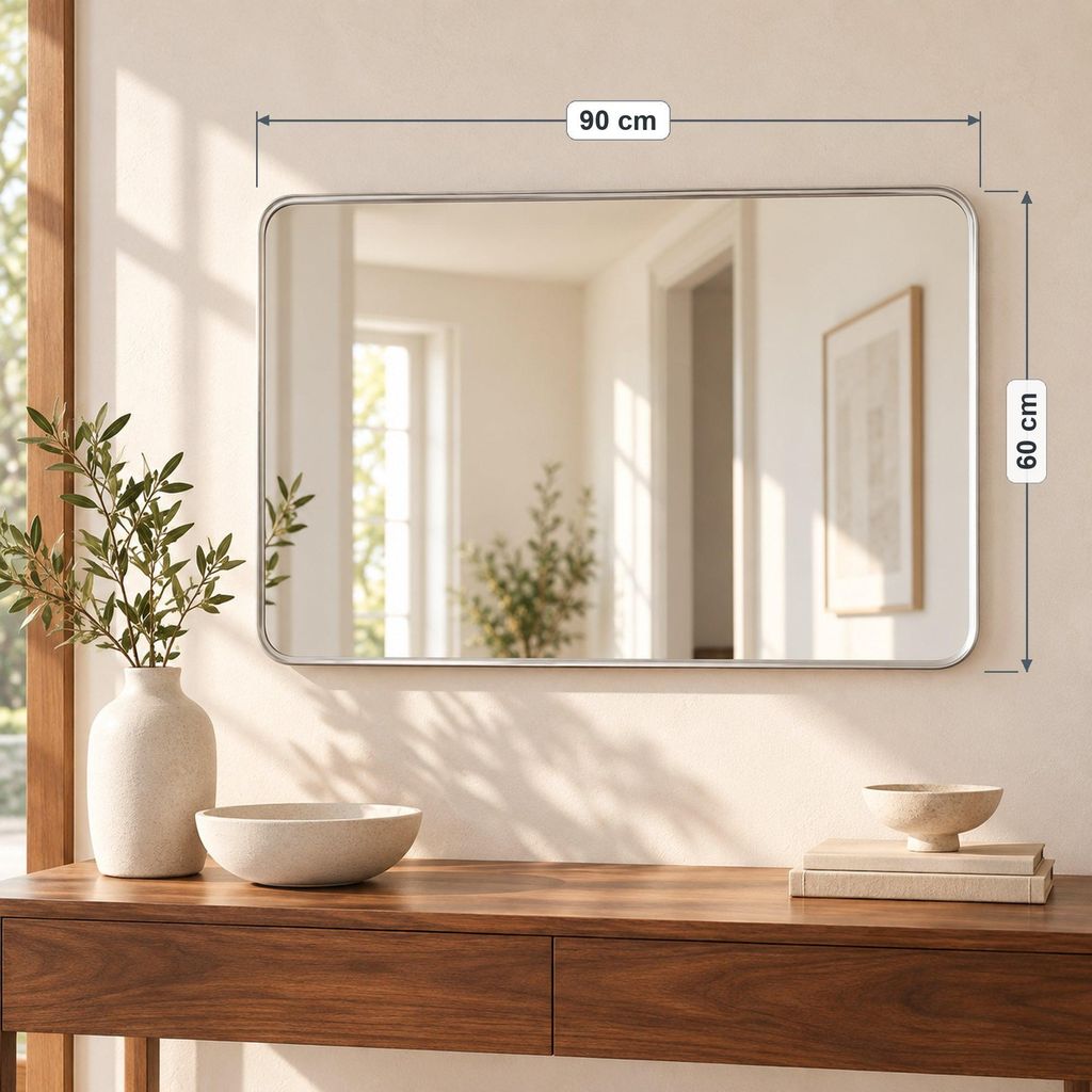 LunaMirror Theo 90 x 60 cm, miroir mural rectangulaire à coins arrondis, cadre rainuré en aluminium, argenté – 1