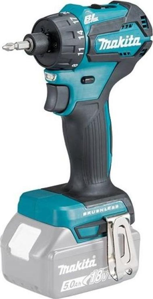 A cordless drill with a battery pack attached.