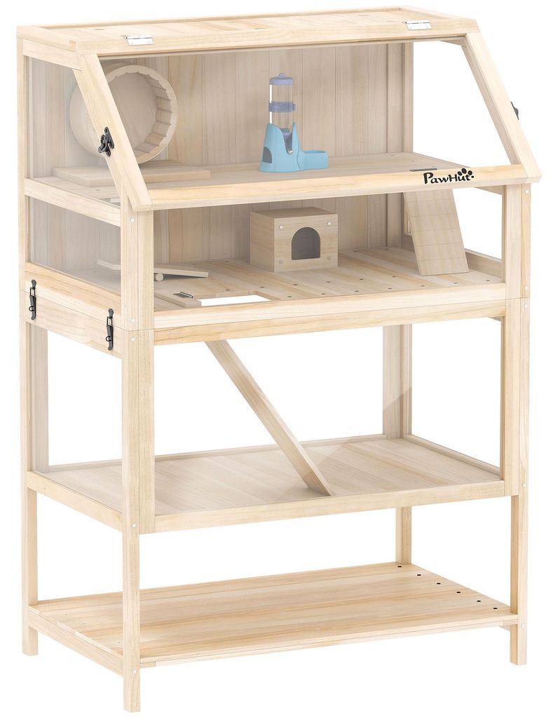 Hamsterkäfig aus Holz 3 Etagen Nagerkäfig mit abnehmbar Boden Ablage Laufrad Wippe Rampe Hütte 80x53x117cm Naturholz