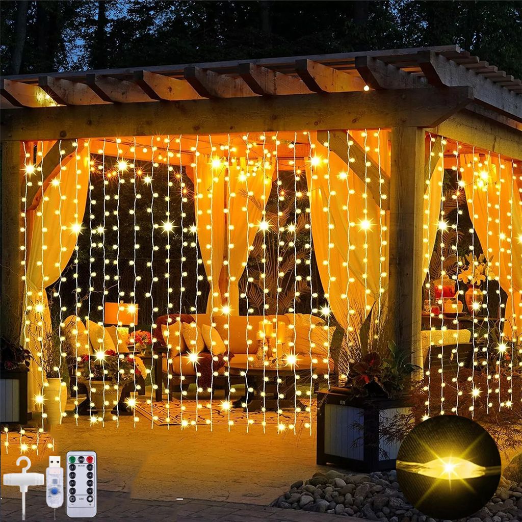 Lichtervorhang 3x1M 100 LED Lichterketten Vorhang LED Lichterkettenvorhang mit 8 Modi IP65 Wasserdicht Lichtervorhang außen innen USB mit Fernbedi...