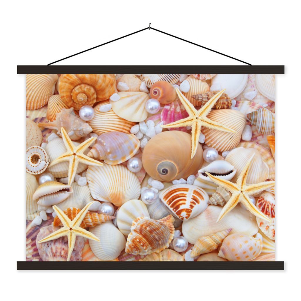 MuchoWow Textilposter Muscheln - Perlen - Seesterne - Strand 40x30 cm mit schwarzem Rahmen - Dekorationen