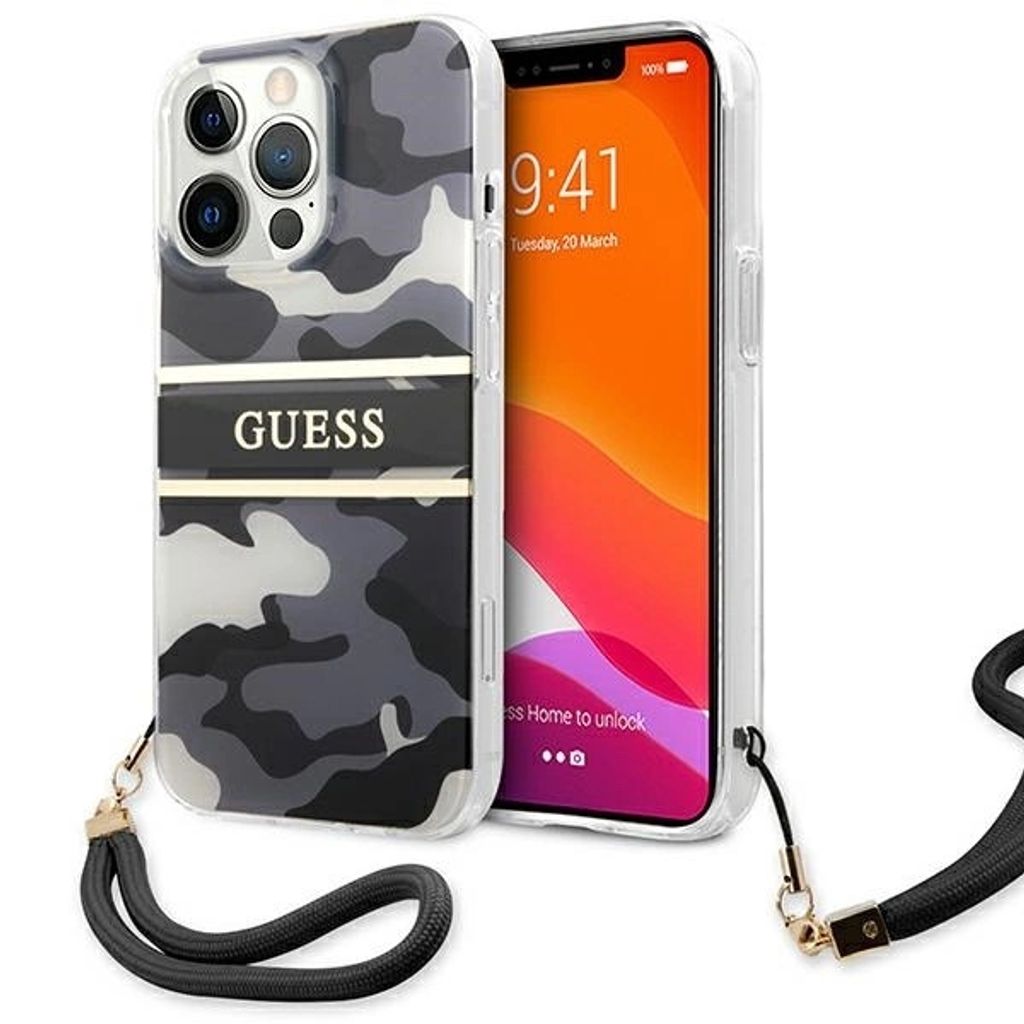 Guess GUHCP13XKCABBK iPhone 13 Pro Max 6,7 schwarz/schwarz Hardcase Camo Strap Collection Handyhülle