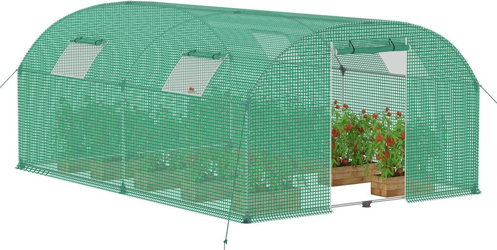 A green greenhouse with plants inside, shown on a white background.