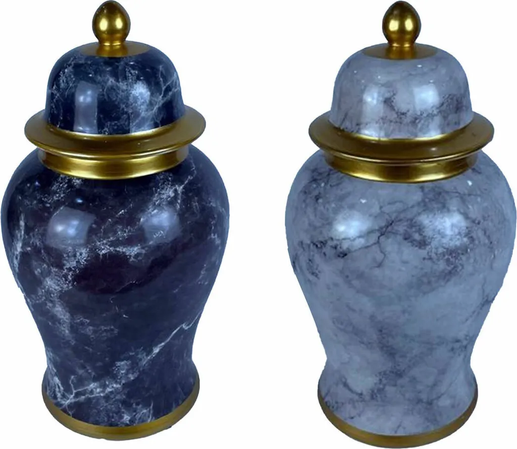 Vase en Porcelaine Moderne Bleu et Or Effet Marbré Chic 32 cm - Lot de 2