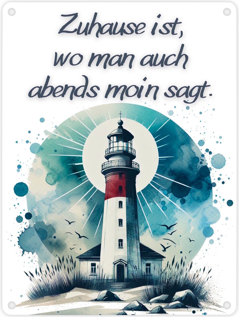 Leuchtturm Metallschild in 15x20 cm mit Spruch Zuhause ist, wo man auch abends