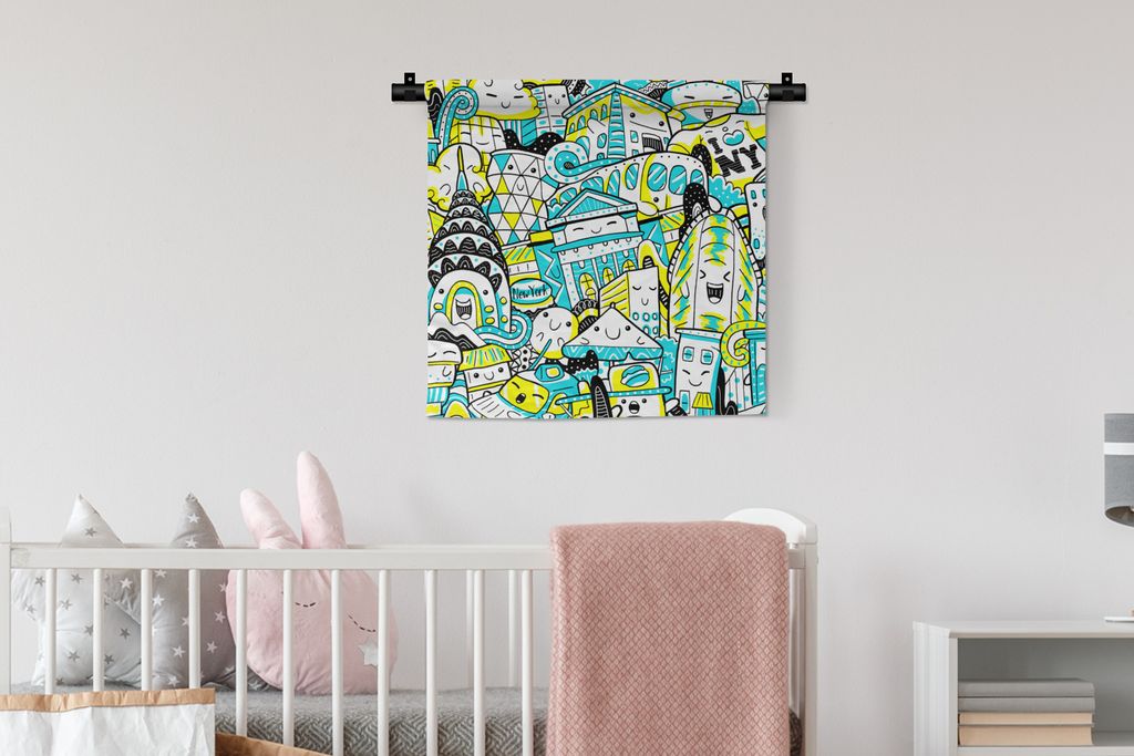 MuchoWow Wandteppich Wandbehang New York - Zeichnung - Blau 60x60 cm Tapisserie Dekoration Wandtuch - Dekorationen - Wand Decke