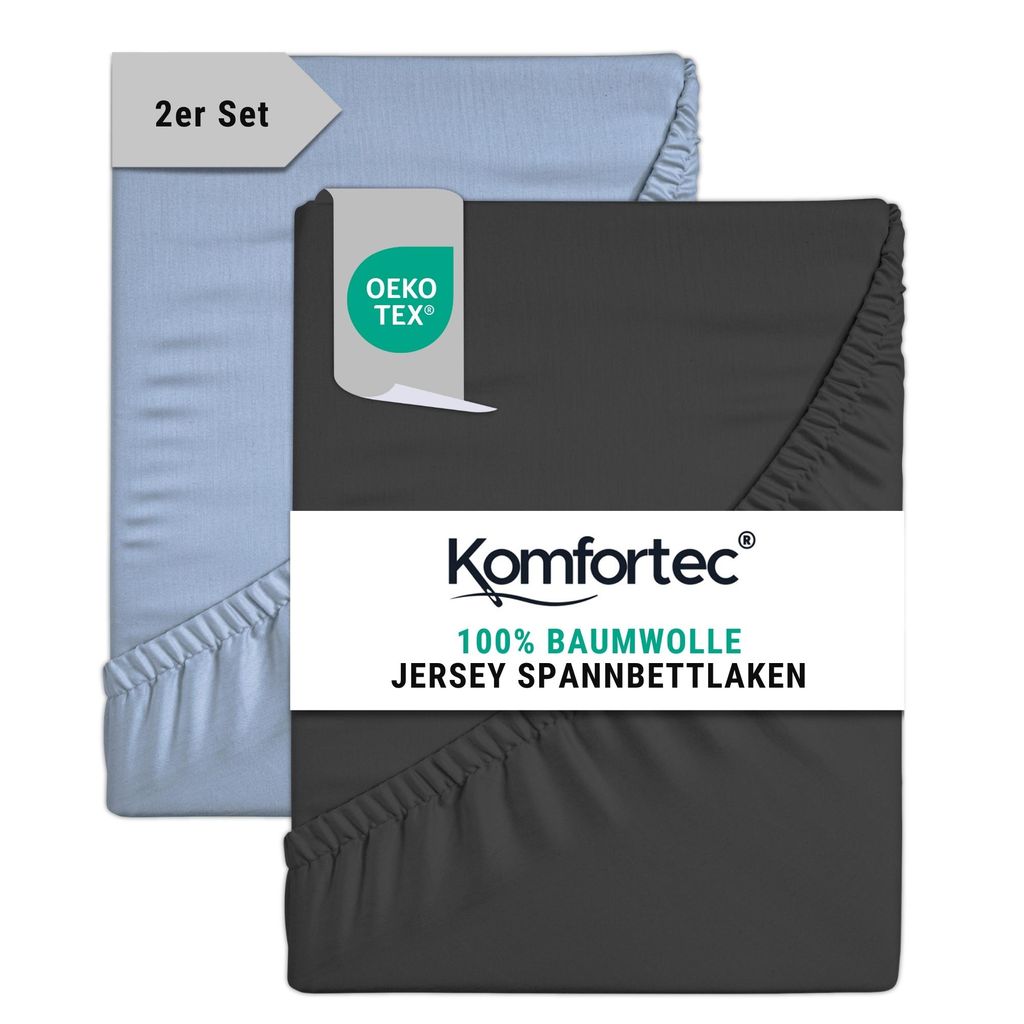 Komfortec 2er Pack Jersey Spannbettlaken 200x200 cm, 100% Baumwolle, Doppelpack Spannbettuch, Anthrazit&Hellblau