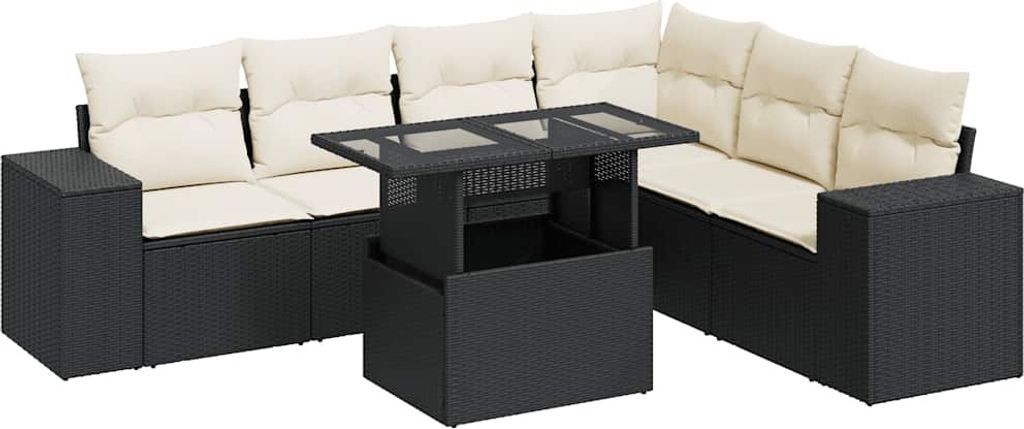 vidaXL 7-tlg. Garten-Sofagarnitur mit Kissen Schwarz Poly Rattan