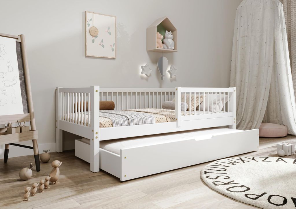 TIMBEE Alfie Doppelbett Kinderbett 90x200 mit Schublade mit Schlaffunktion Kieferbett Weiß