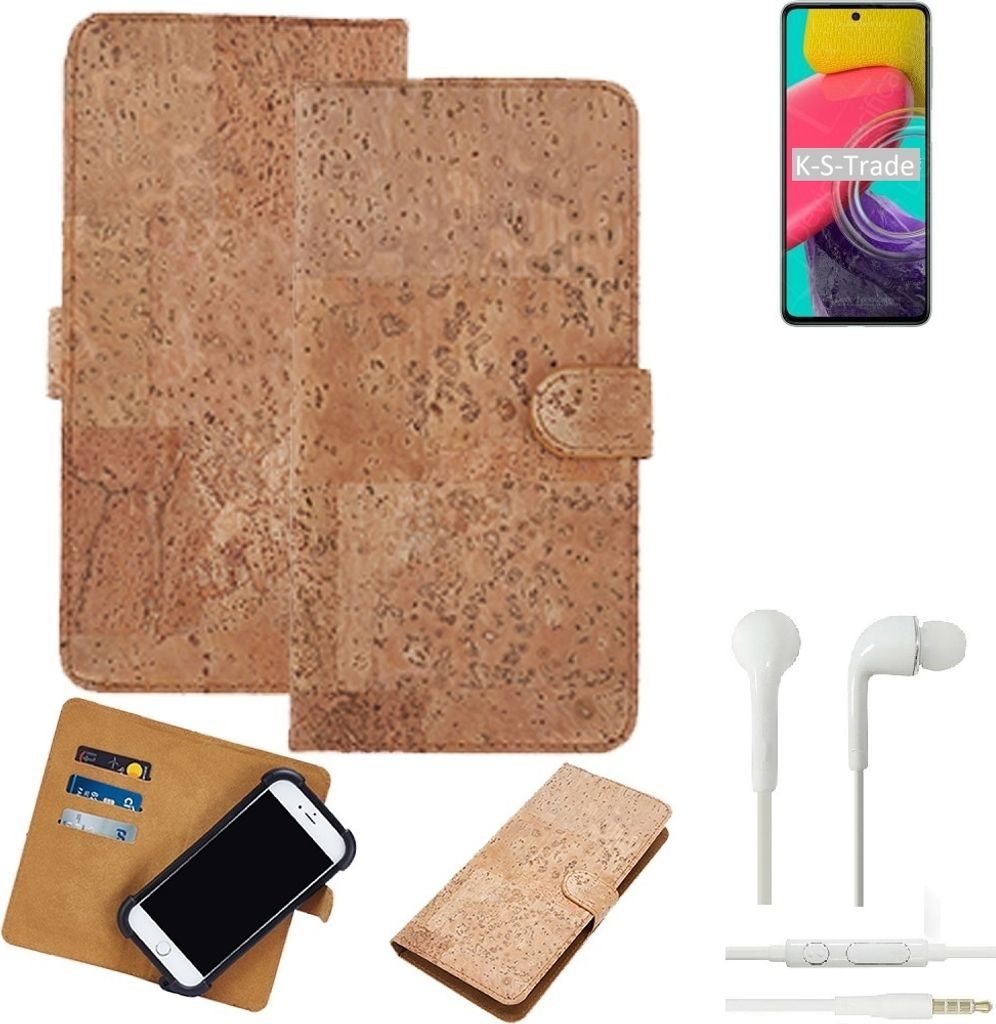 K-S-Trade Hülle kompatibel mit Samsung Galaxy M53 5G + in ear Kopfhörer Kork Handyhülle Cover Schutzhülle TPU Case Bumper in Hellbraun, (1x)