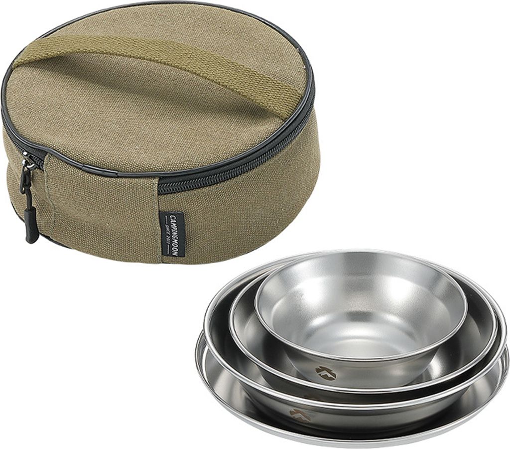 4-teiliges Edelstahl-Set mit Tellern und Schalen, Camping-Geschirr-Set mit Tragetasche fuer Outdoor-Camping, Wandern, Rucksackreisen, Picknicks