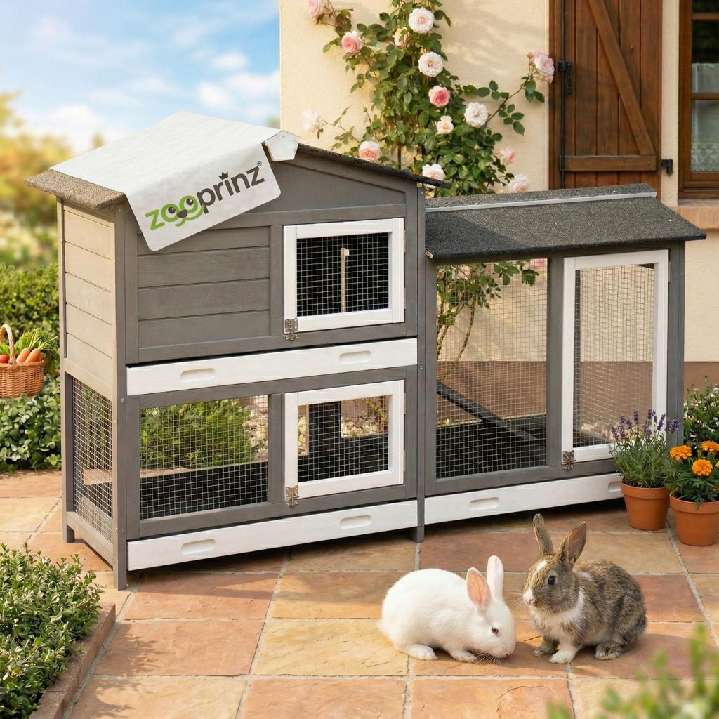zooprinz Hasenstall Rudy mit Auslauf Kunststoff Schubladen Wetterfest lasiert 145x50x94cm (BxHxT)