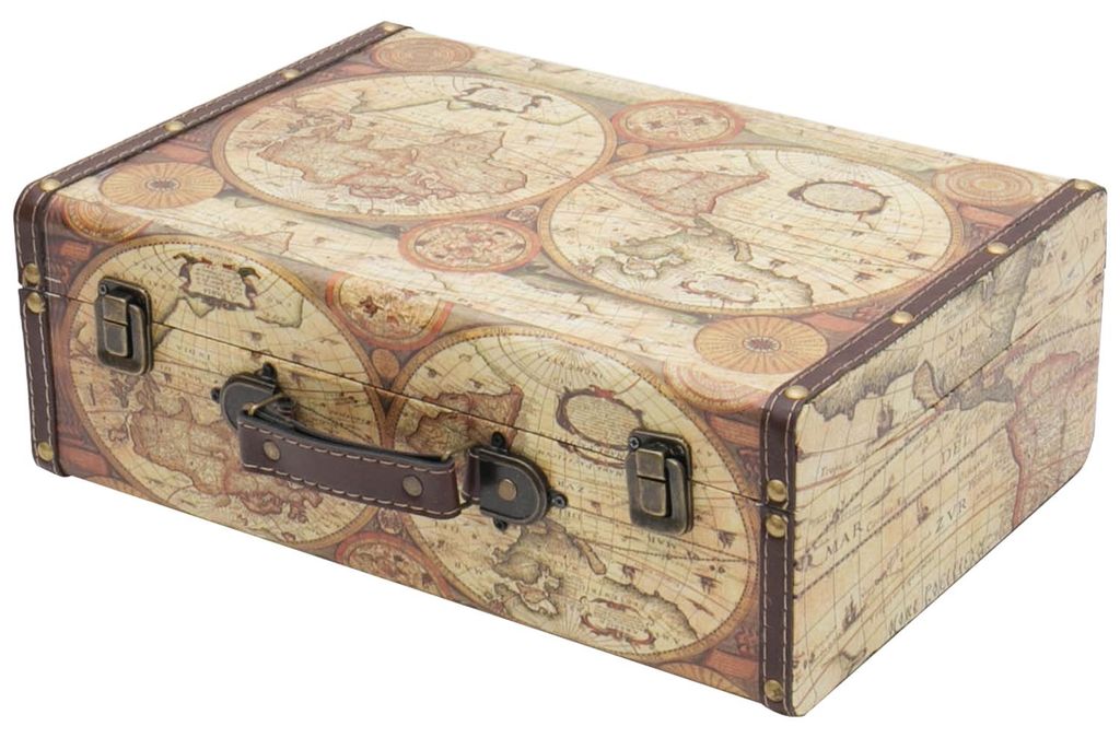 Vintage Holzkoffer mit farbiger Weltkarte Design von HMF mit 38 cm Breite in verschiedenen Größen