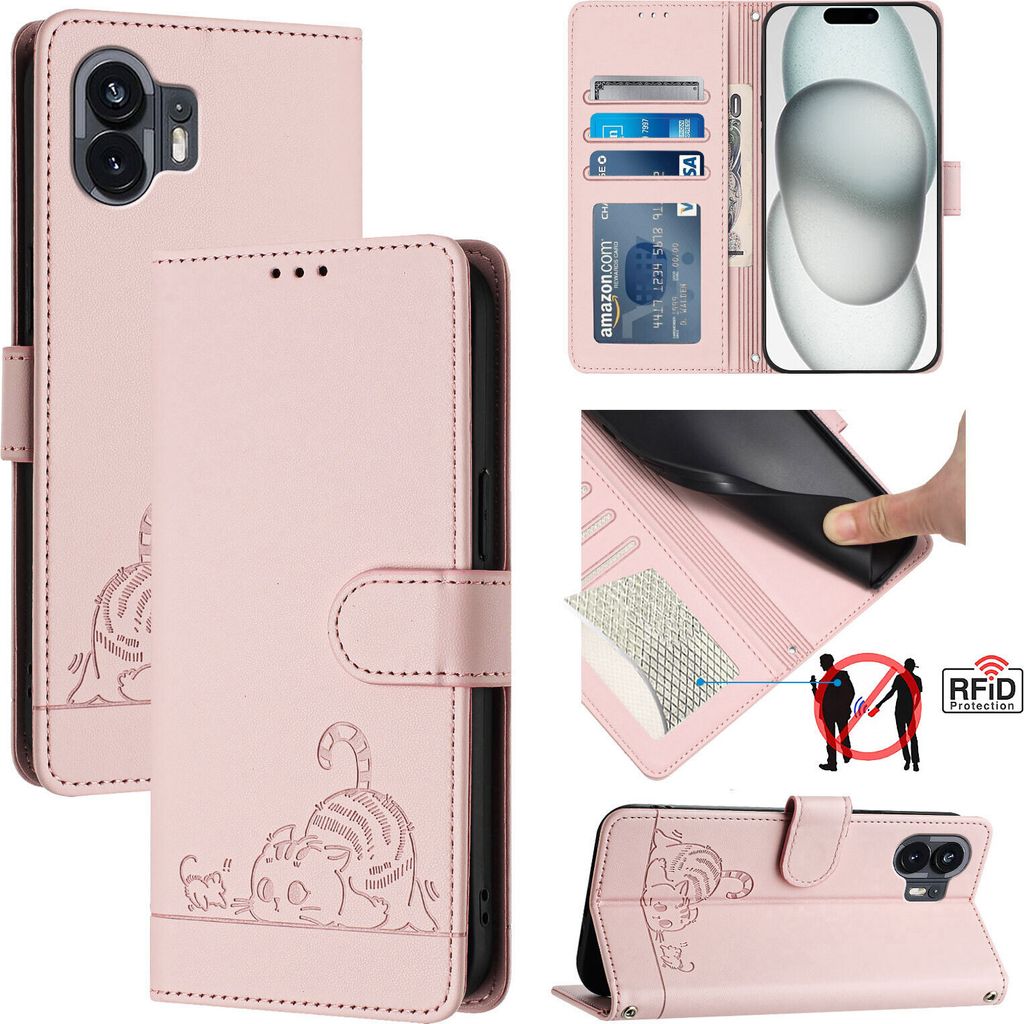 Leder Hülle für Nothing Phone 2A / 2A Plus Süße Katze Flip Case Brieftasche Schutzhülle mit Standfunktion Pink