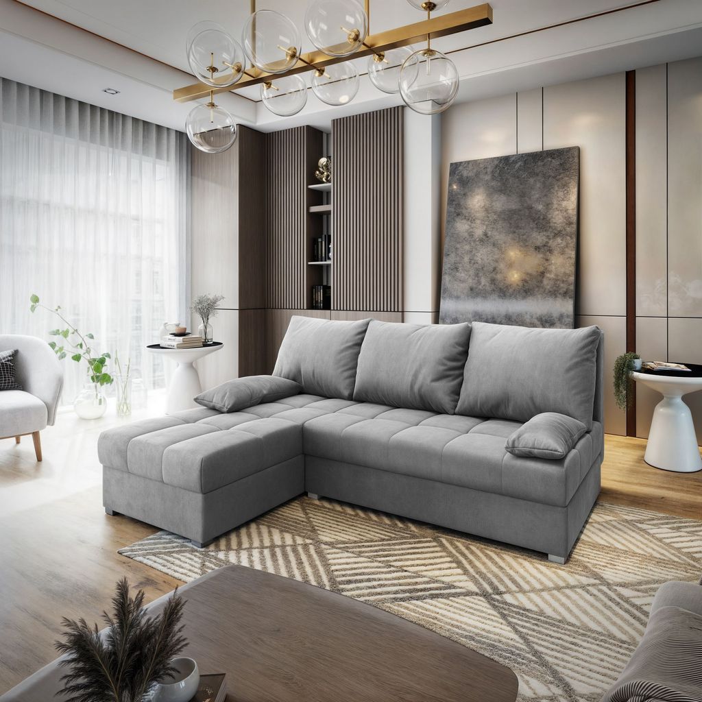 Masseno Ecksofa RITA M mit Schlaffunktion L-Form, Sofa mit Bettkasten, Wohnzimmersofa, Couch, Soffa, Bettsofa, Couchgarnitur- Hellgrau, MONOLITH 84