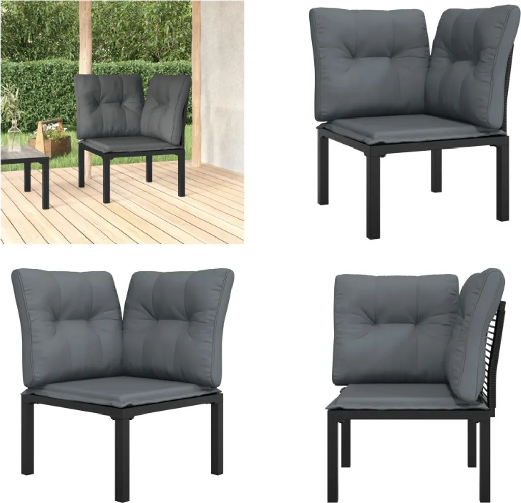 vidaXL Sedia Angolare da Giardino Poly Rattan Nero con Cuscini Grigio