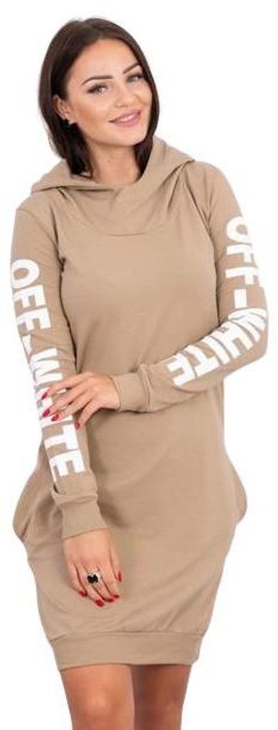 Off-White Damen Kleid mit Kapuze und Taschen, Kamel, Baumwolle, Einheitsgröße