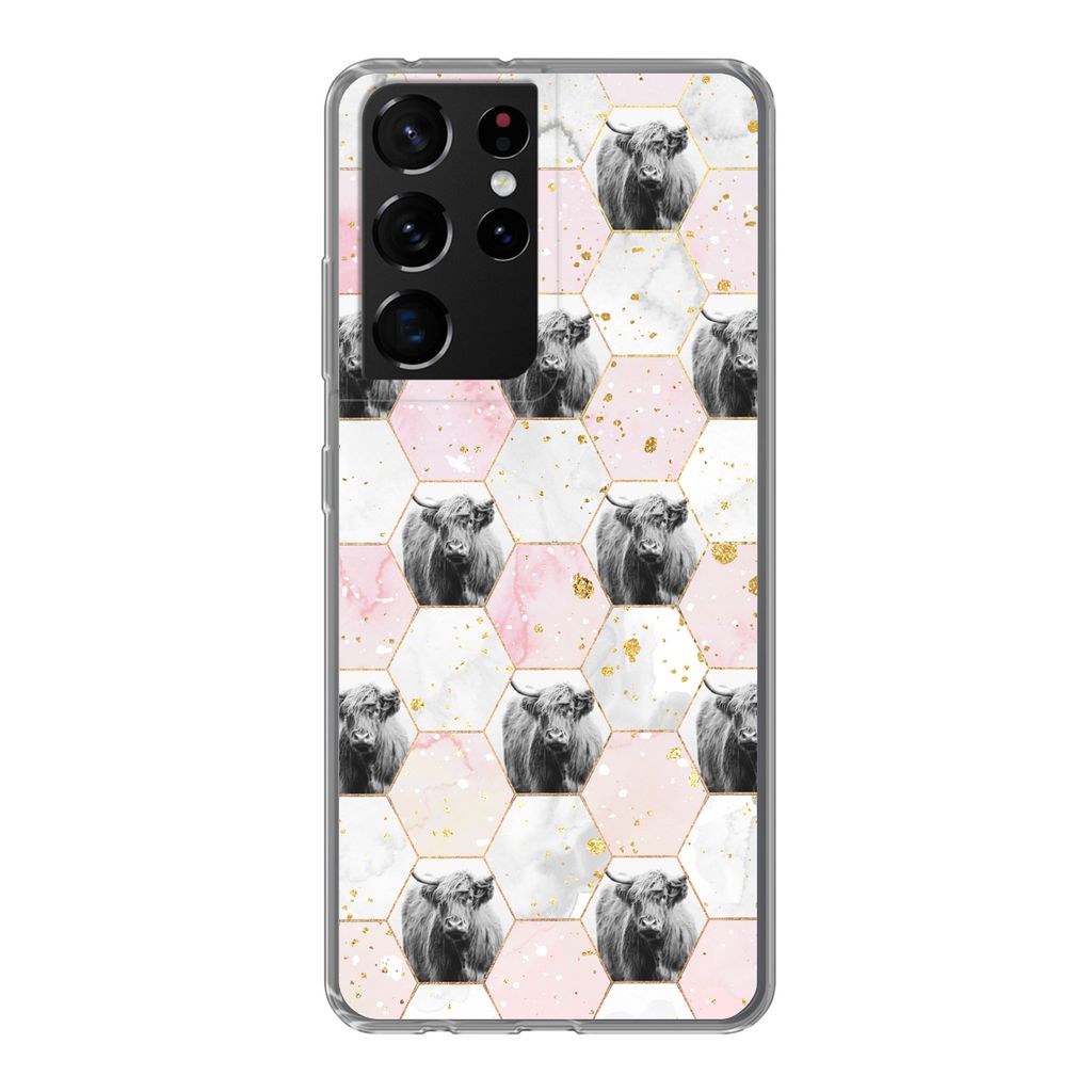 MuchoWow Handyhülle Schutzhülle Hülle für Samsung Galaxy S21 Ultra Schottischer Highlander - Muster - Gold Silikon Softcase Handy Hülle - Mo...