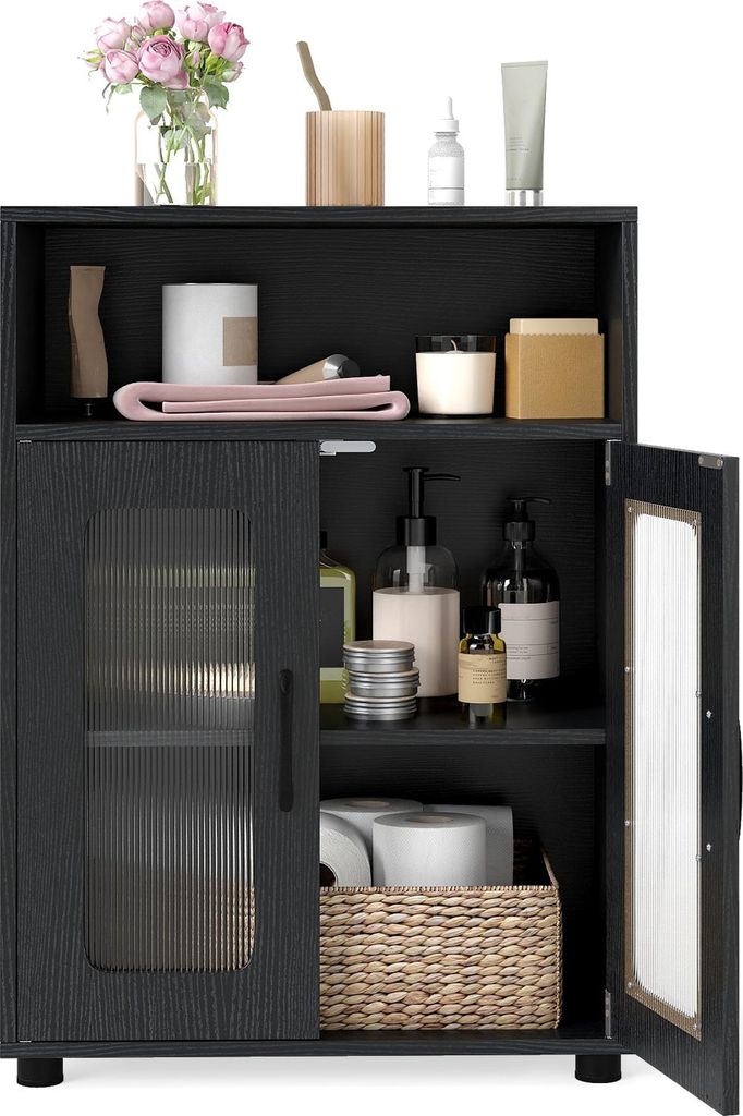 A black bathroom cabinet with two doors, one of which is open, displaying various bathroom items inside.
