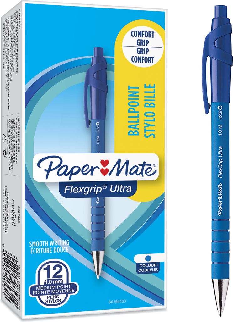 Paper Mate Flexgrip Ultra-Druckkugelschreiber | mittlere Spitze (1,0 mm) | blau | 12er-Box