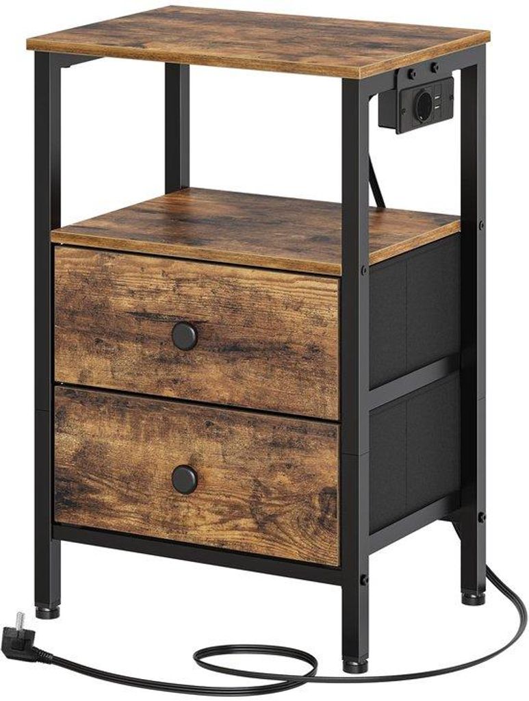 Unyqoos Nachtkastje mit Ladefunktion - Vintage Braun & Schwarz, Beistelltisch mit Stauraum und USB-Anschlüssen