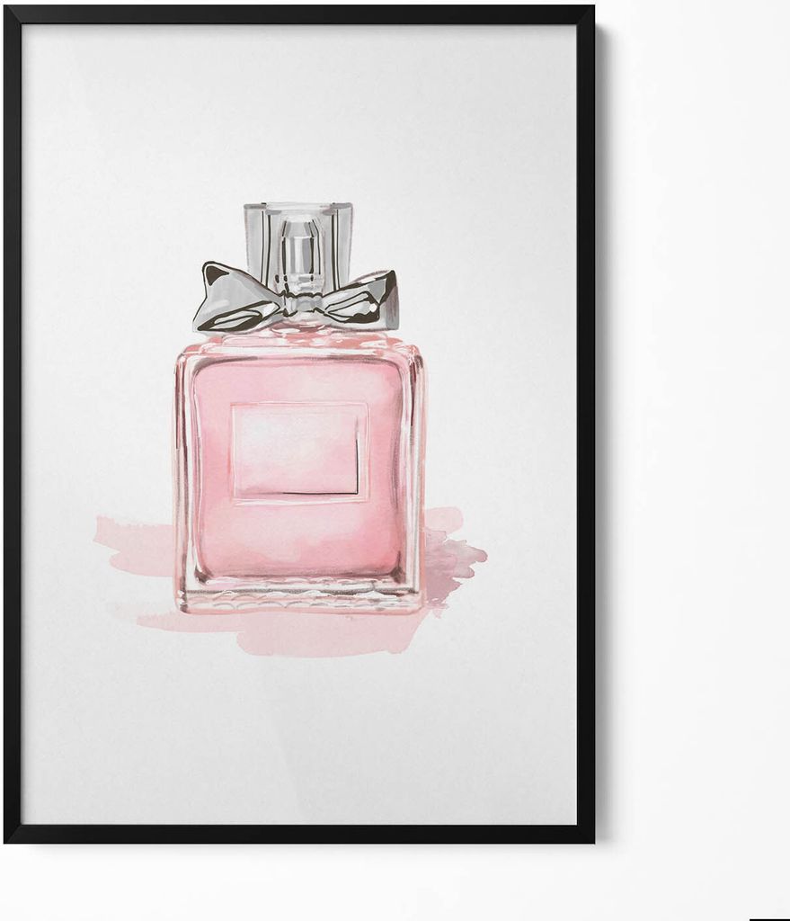 Rosa Parfüm mit Schleife– Wandbild mit Rahmen – Gerahmtes Bild – Wanddekoration – 70x100 cm – Schwarz Rahmen