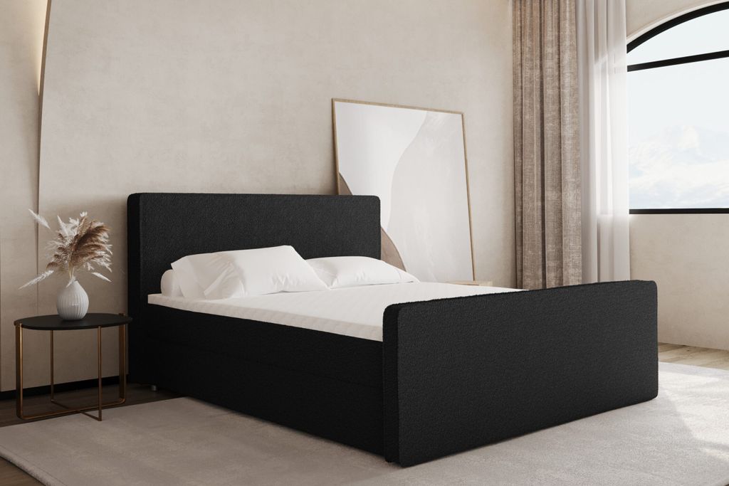 Kaiser Möbel Boxspringbett Mit Bettkasten Und Topper LAGUNE Stoff Loop Schwarz 140x200 cm H2-Pocket