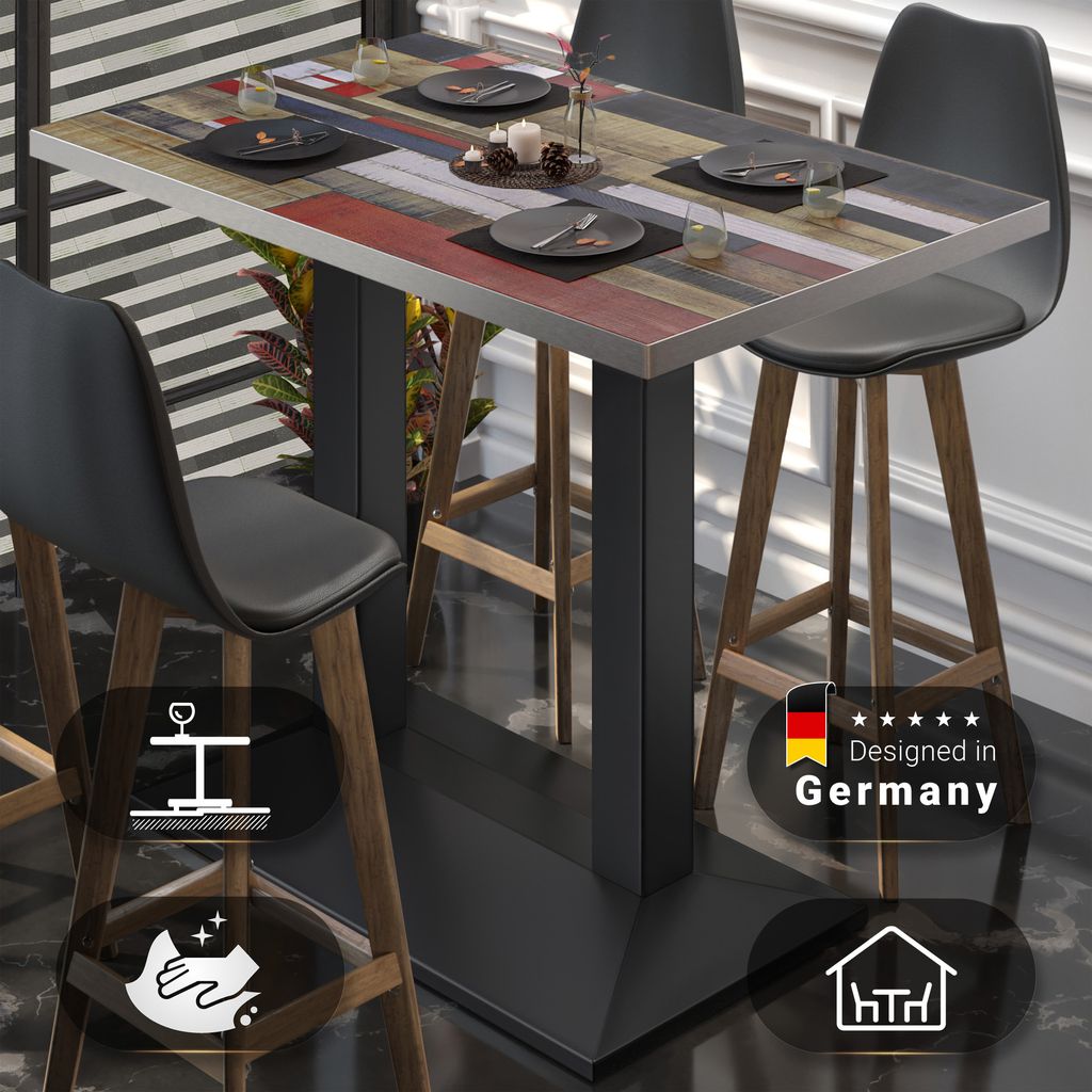 BPA | Bistro Stehtisch | 130 x 80 x 112 cm | Edelstahl Rand | Rechteckig | Vintage Bunt / Schwarz | Gastro Steh Tisch Restaurant