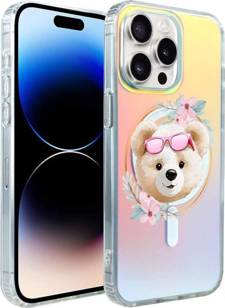 iPhone 14 Pro Max IBIZU California Sunset Case mit MagSafe, Farbwechsel, Blumenkönigin, Teddybär mit Blumen