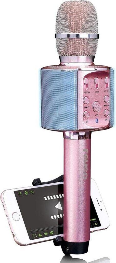 Karaoke-Mikrofon mit 5 Watt RMS - LED-Lichteffekten - integrierte Akku 1200mAh - Bluetooth 4.2 - Smartphone-Halterung - rosa