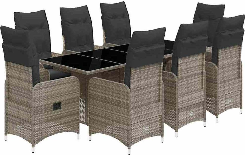 vidaXL 9-tlg. Garten-Bistro-Set mit Kissen Grau Poly Rattan