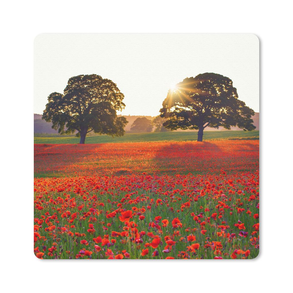 MuchoWow Mauspad Mousepad Ein Mohnfeld mit zwei großen Bäumen 20x20 cm - Mousepads - Maus Mat - Pad - Mausunterlage - Desk Mat - Bureauartikeln