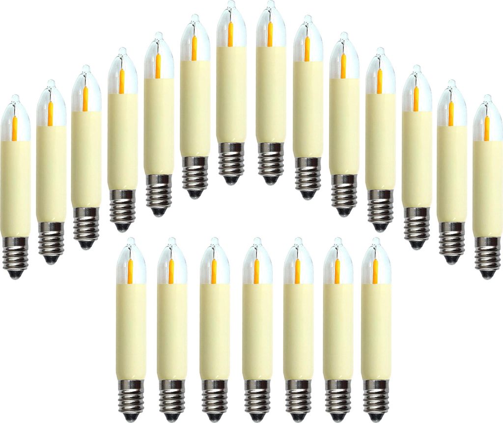 21 Stück: LED Filament Kleinschaftkerzen 34 V 0,2W E10 / Spitzkerze Riffelkerze Ersatzlämpchen für Lichterkette Schwibbogen Weihnachten