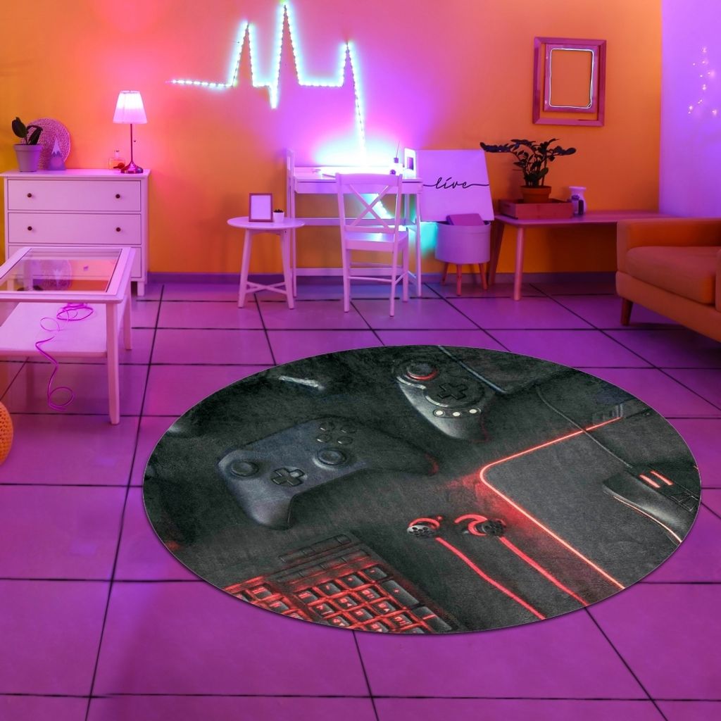 Gaming Teppich mit Konsole und Joystick Schwarz Größe - 160 cm Rund