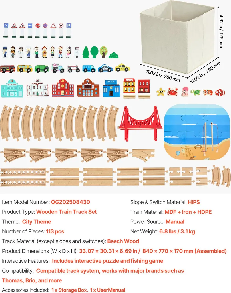 Grand Set de Train en Bois Compatible Multi-marques avec 113 Pièces - 7