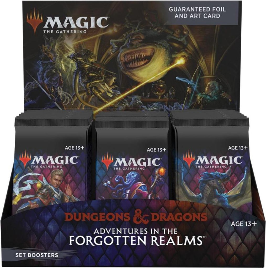 A display box of Magic: The Gathering Adventures in the Forgotten Realms Set Boosters.