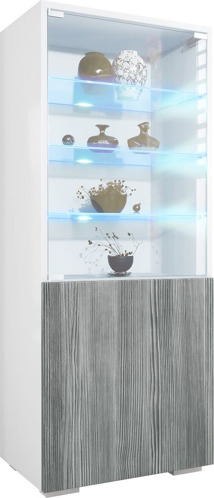Vladon Vitrine Granada, Germany, Vitrinenschrank mit Glastür und Glaseinsatz inkl. LED, Weiß matt/Avola-Anthrazit (50 x 122,5 x 34,5 cm)