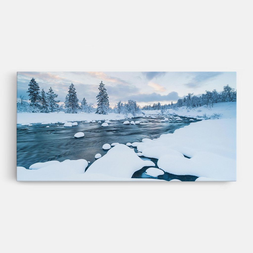 ARTHUB Leinwandbild 40x80 cm, Winter River | Wohnzimmerdekoration, Hängende Bilder, Wanddekoration, Heimdekoration, Landschaften, Winter