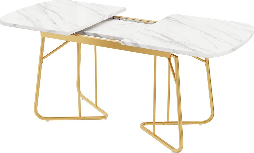 Weißer erweiterbarer Esstisch mit Marmorstruktur, vergoldete Metall-Tischbeine, erweiterbarer Esstisch 140/180*80 cm, geeignet für 4–6 Person,