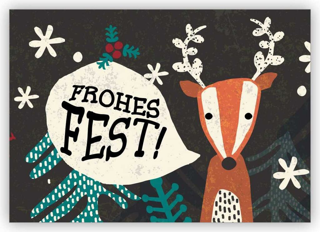 Niedliche handgemalte Weihnachtskarte mit Hirsch im Wald: Frohes Fest