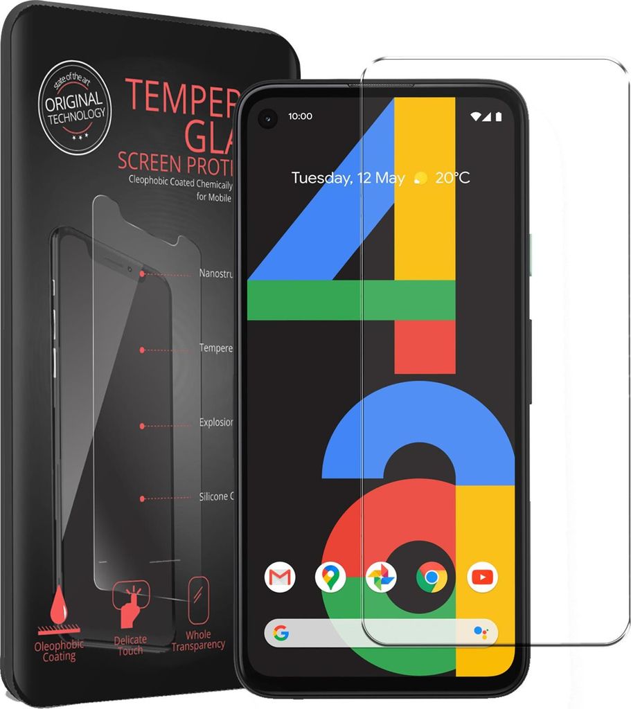 A product packaging for a Google Pixel 4A screen protector, with the phone displayed on the packaging.