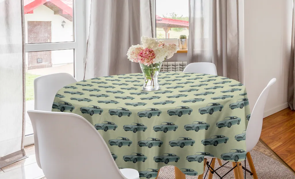 ABAKUHAUS Tovaglia rotonda vintage, design retrò con auto sportive, tovaglia circolare per decorare la sala da pranzo e la cucina, 150 cm, verde pallido e blu ardesia