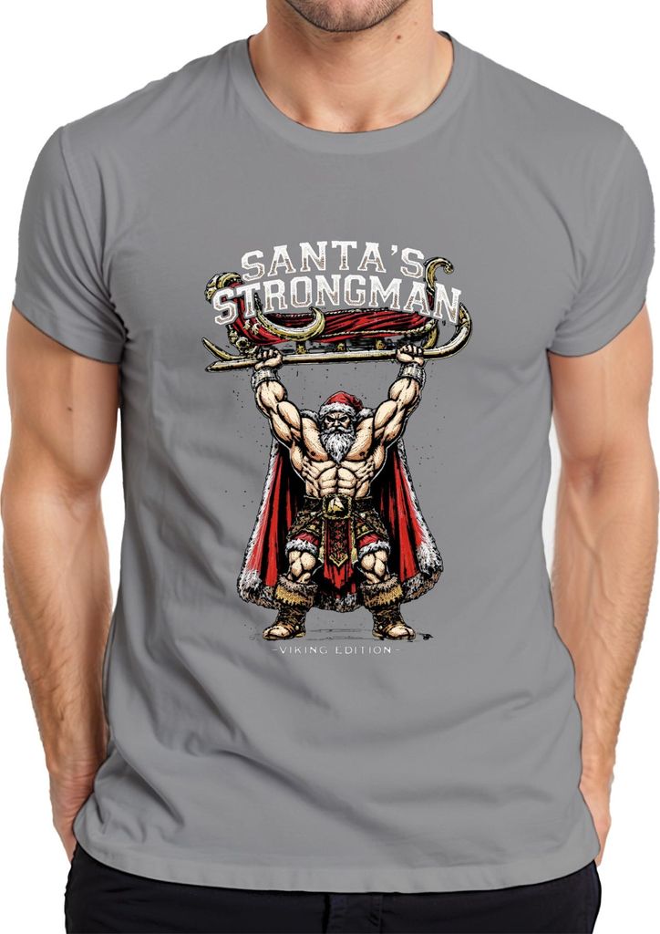 Santa's Strongman Weihnachtsmann Wikinger Geschenk Fitness Retro Herren T-Shirt, Grau, L