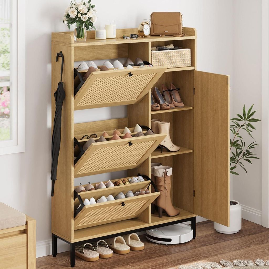 Schuhschrank aus Rattan mit 3 Klappschubladen und Produktbild 