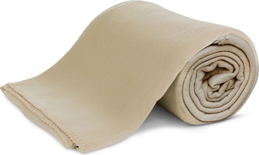 A rolled-up beige fleece blanket on a white background.